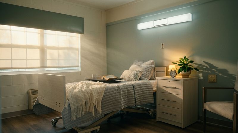 Resident room with a made bed, nightstand and a large window